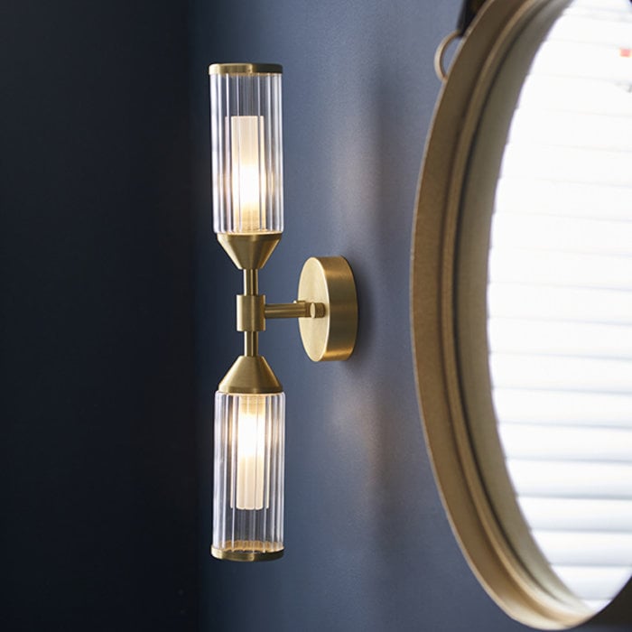 Beverley - Luxury Frosted & Clear Ribbed Glass Double Wall Light - Satin Brass