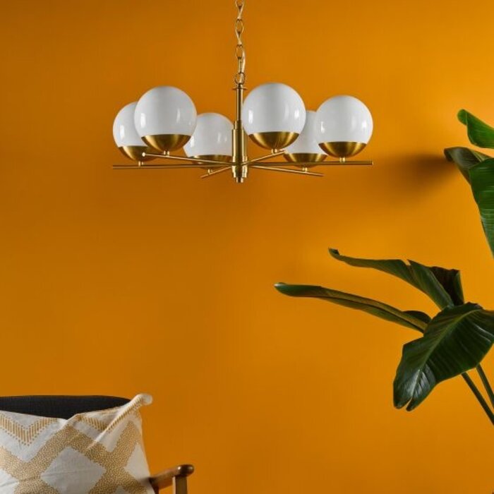 Bomba - 6 Light Mid Century Opal Globe Chandelier Pendant - Natural Brass and Opal Glass