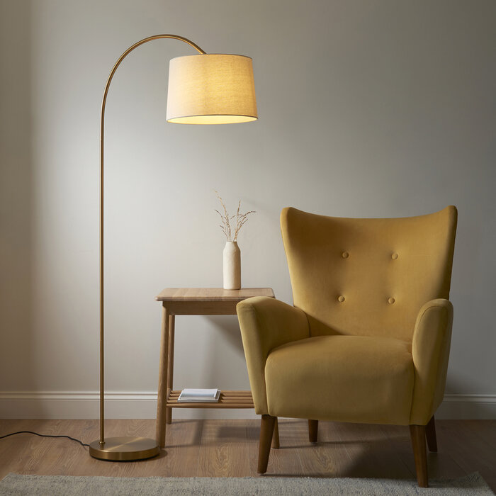 Carlton - Modern Arc Floor Lamp - Brass with Natural Fabric Shade