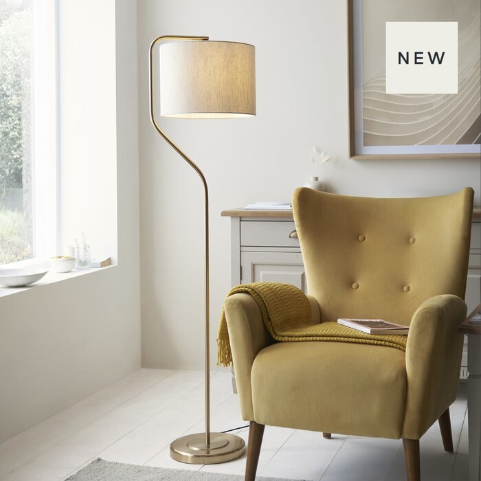 Clement - Brushed Brass Floor Lamp with Linen Shade – Reading Light for Living Rooms