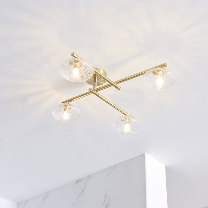Danby - Brushed Gold Semi Flush Ceiling Light with Ribbed Glass Shades
