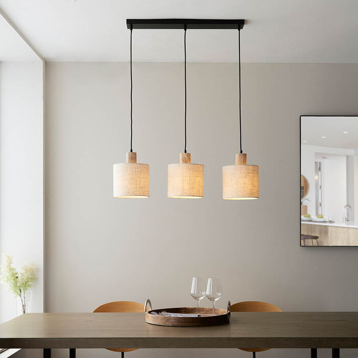 Dunbar - Wooden Bar Pendant Light with Natural Linen Shades