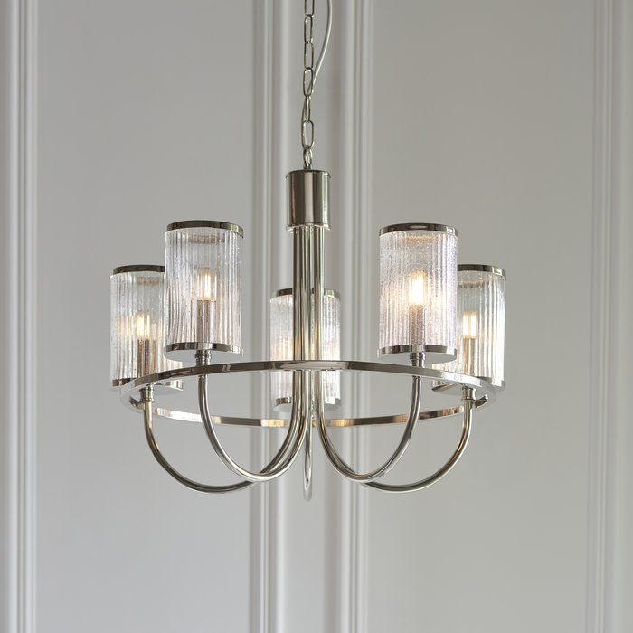 East - 5 Light Nickel Armed Chandelier with Bubble Glass Shades