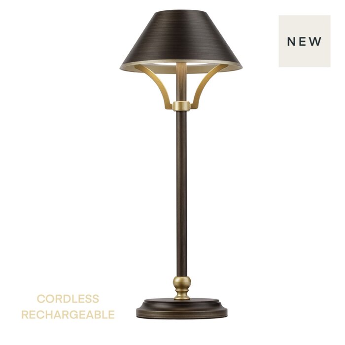 Ella - Cordless Rechargeable Portable Table Lamp - Black & Brown Shade - Bronze & Gold