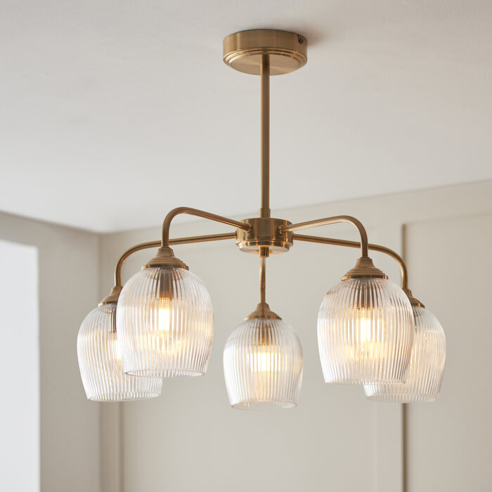 Ferna - Ribbed Glass 5 Light Semi Flush Ceiling Light - Aged Brass