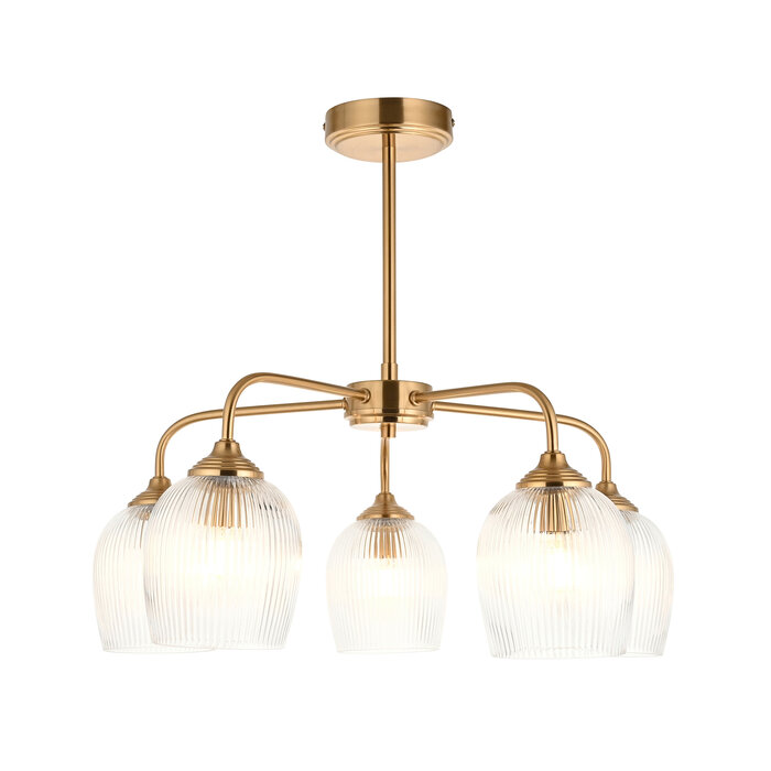 Ferna - Ribbed Glass 5 Light Semi Flush Ceiling Light - Aged Brass
