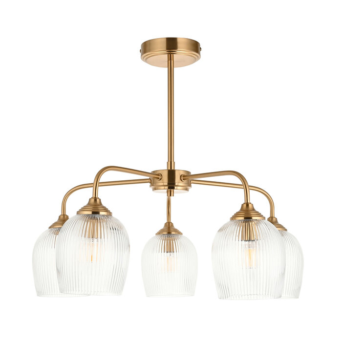 Ferna - Ribbed Glass 5 Light Semi Flush Ceiling Light - Aged Brass