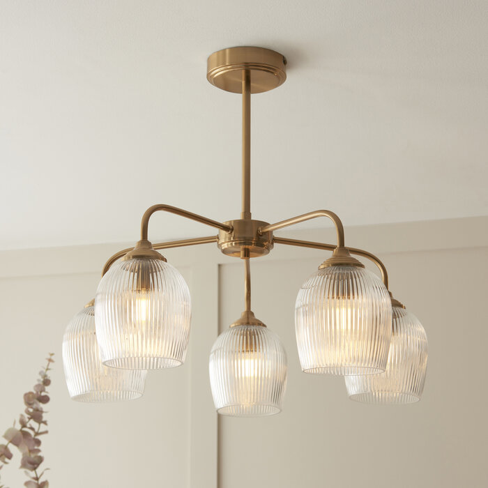 Ferna - Ribbed Glass 5 Light Semi Flush Ceiling Light - Aged Brass