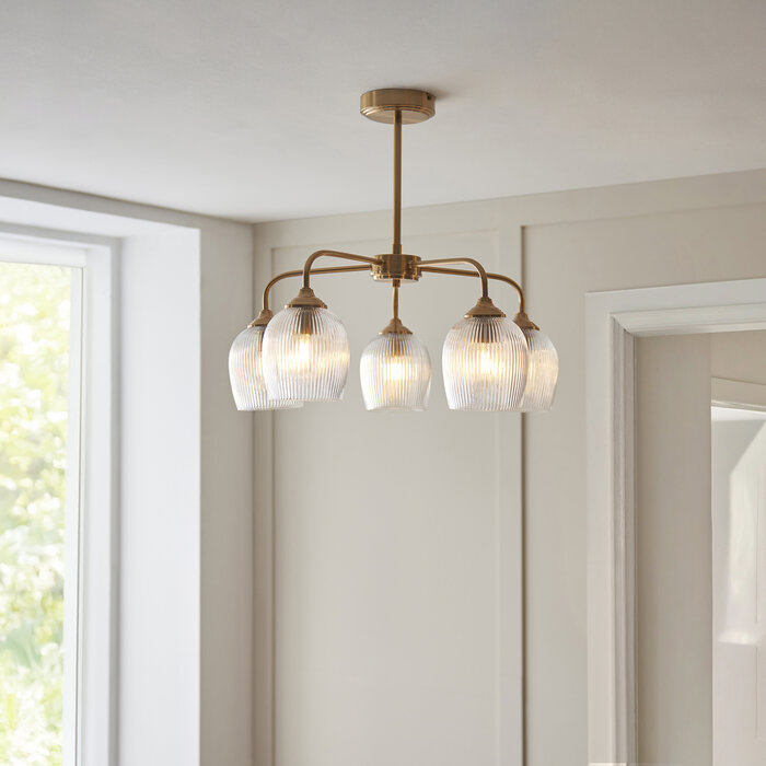Ferna - Ribbed Glass 5 Light Semi Flush Ceiling Light - Aged Brass
