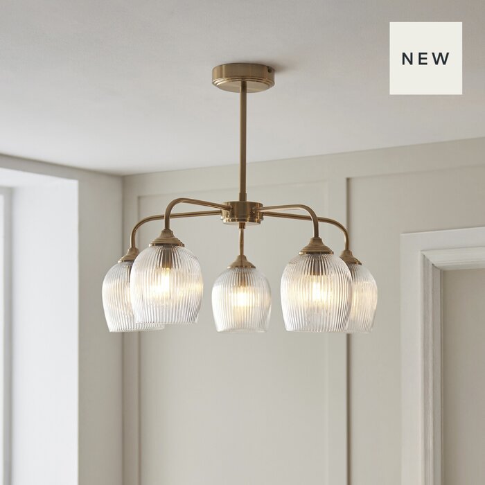 Ferna - Ribbed Glass 5 Light Semi Flush Ceiling Light - Aged Brass