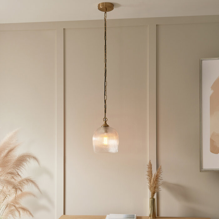 Ferna - Ribbed Glass Pendant Light - Aged Brass