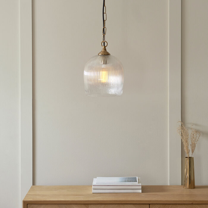 Ferna - Ribbed Glass Pendant Light - Aged Brass