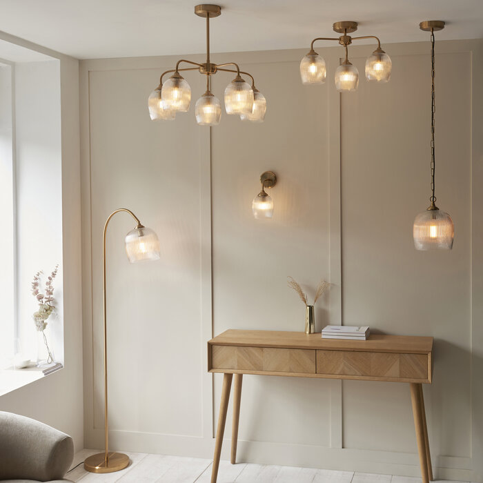 Ferna - Ribbed Glass Semi Flush Ceiling Light - Aged Brass