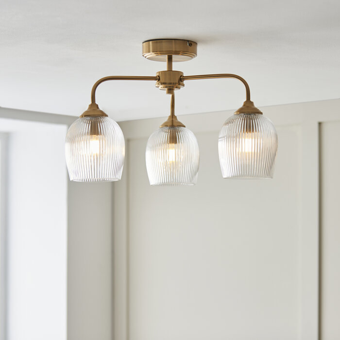 Ferna - Ribbed Glass Semi Flush Ceiling Light - Aged Brass