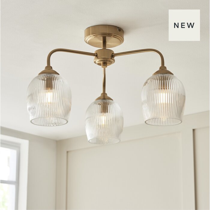 Ferna - Ribbed Glass Semi Flush Ceiling Light - Aged Brass