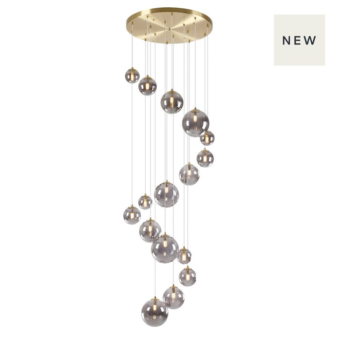 Grandis - 16 Light Giant Cluster Pendant - Satin Gold & Smoked Glass