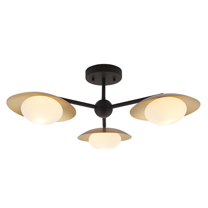 Harwood - Scandi Dish Semi-Flush Light with Opal Globes - Dark Bronze & Gold
