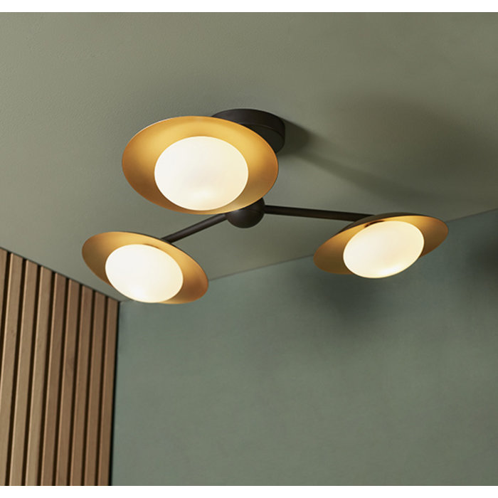 Harwood - Scandi Dish Semi-Flush Light with Opal Globes - Dark Bronze & Gold