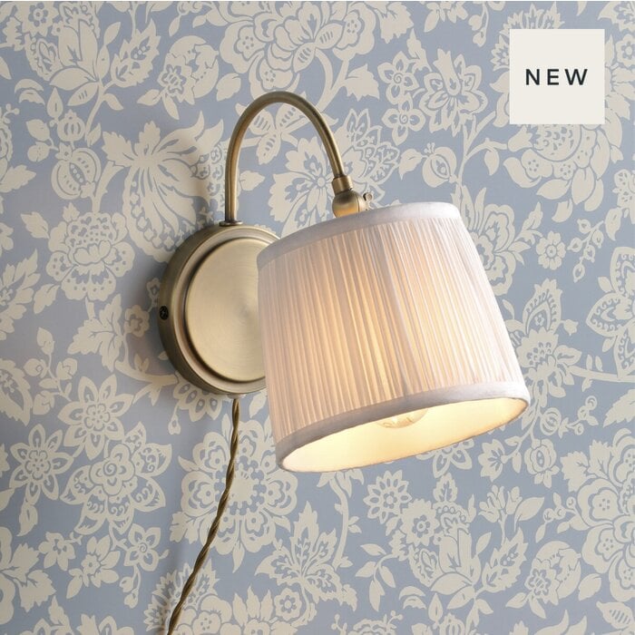 Hemsley - Plug in Wall Light - Antique Brass Wall Light with Ivory Silk Shade - Laura Ashley