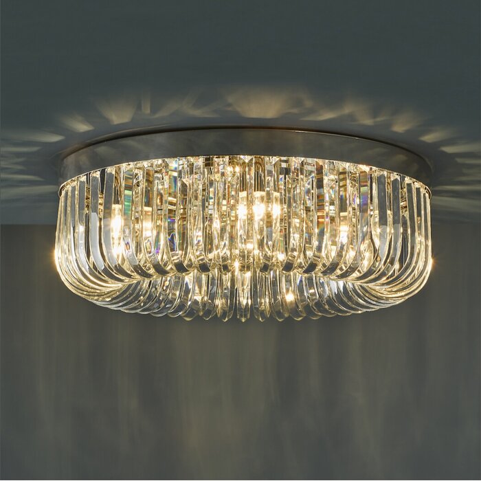 Hikari – 6 Light Flush Crystal Glass Chandelier – Polished Nickel and Crystal