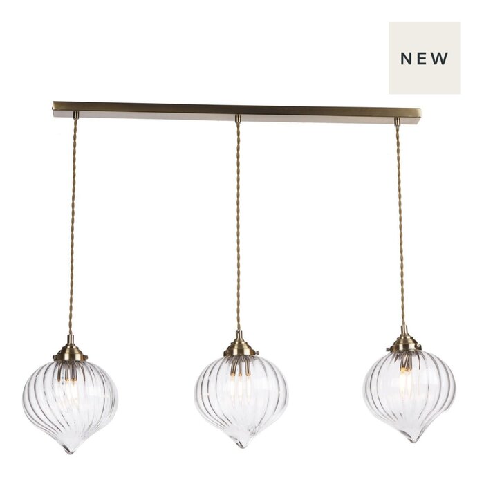 Mia - Teardrop Twisting Glass 3 Light Antique Brass Bar Pendant