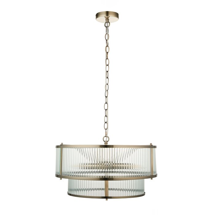 Morgan - Two Tiered Ribbed Glass Chandelier Pendant  - Antique Brass