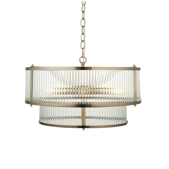 Morgan - Two Tiered Ribbed Glass Chandelier Pendant  - Antique Brass