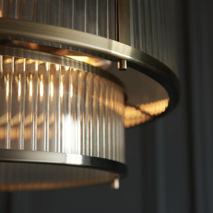 Morgan - Two Tiered Ribbed Glass Chandelier Pendant  - Antique Brass