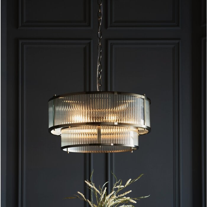 Morgan - Two Tiered Ribbed Glass Chandelier Pendant  - Antique Brass