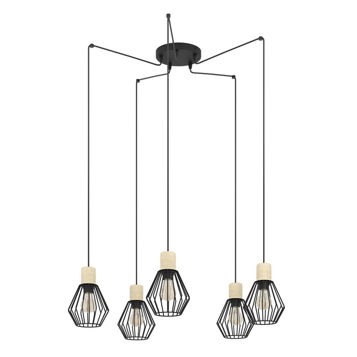 Palmo - 5 Light Black & Wood Ceiling Light