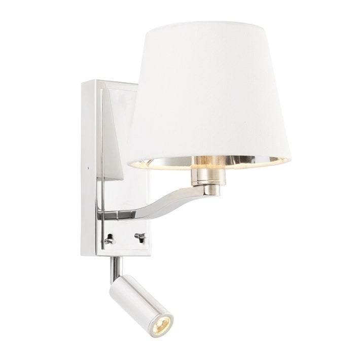 Pen - Hotel Wall Light with LED Reading Light - Bright Nickel & Faux White Silk