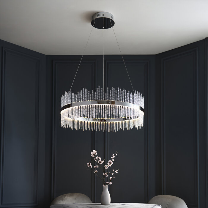Raine -  Glass Rod & Chrome Round LED Pendant
