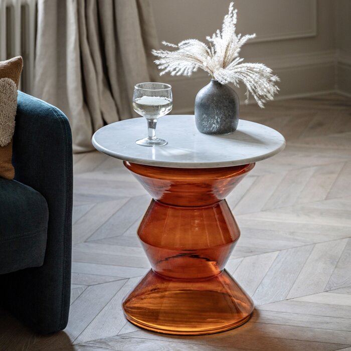 Rivoli - Orange Glass and White Marble Round Side Table