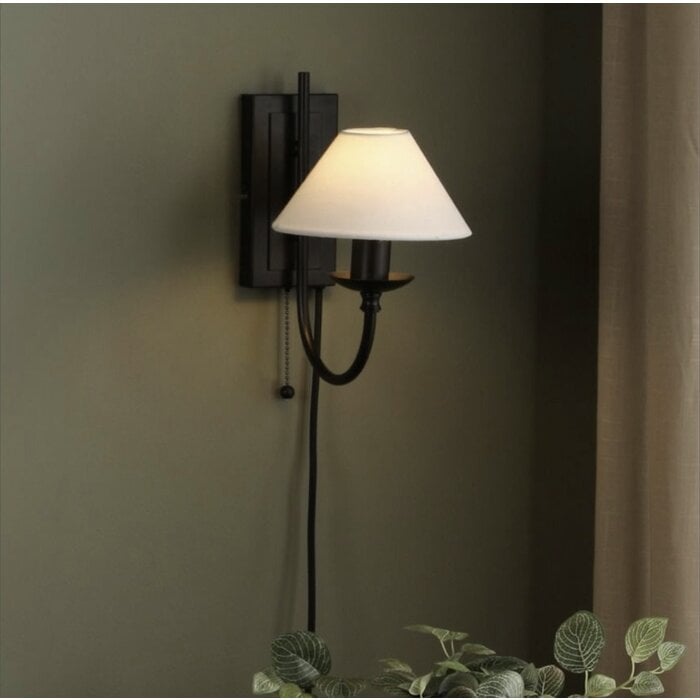 Siran - Black Plug In Wall Light with White Linen Shade