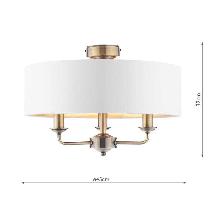Sorrento - 3 Light Semi Flush Ceiling Light Antique Brass & Ivory Shade - Laura Ashley