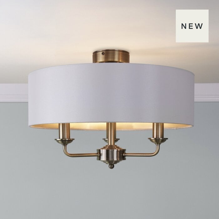Sorrento - 3 Light Semi Flush Ceiling Light Antique Brass & Ivory Shade - Laura Ashley