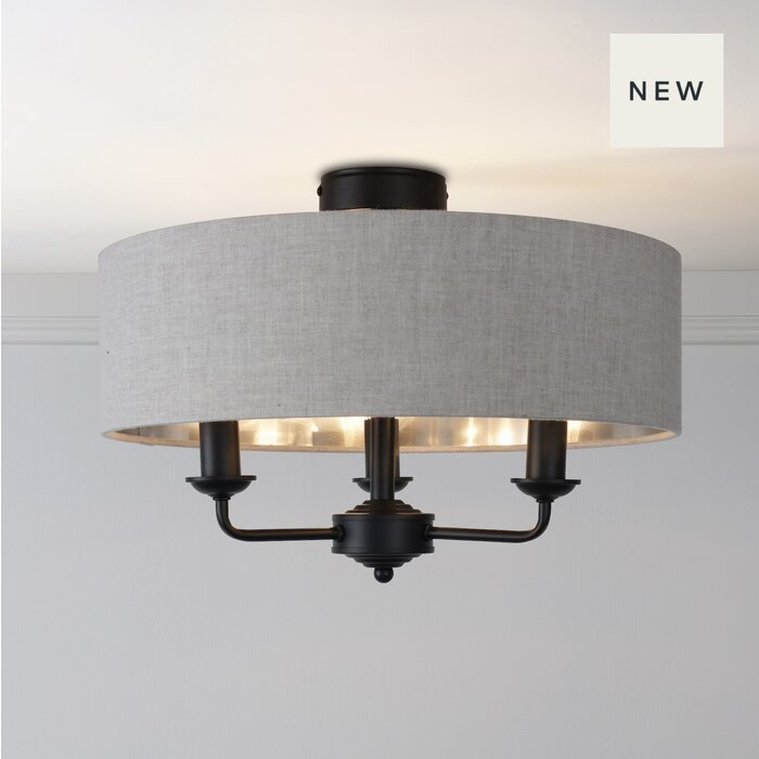 Sorrento - 3 Light Semi-Flush Ceiling Light Matt Black & Natural Shade - Laura Ashley