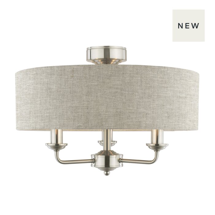 Sorrento - 3 Light Semi-Flush Ceiling Light Satin Nickel & Natural Shade - Laura Ashley