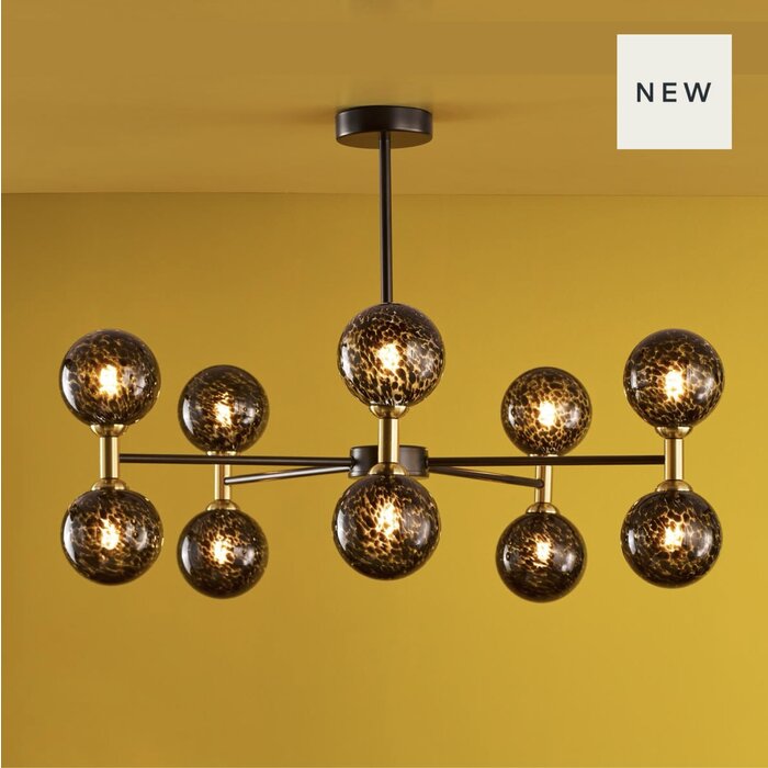 Tamara - 10 Light Semi Flush Ceiling Light - Brass & Black Confetti Glass