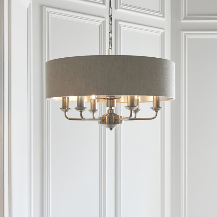 Townhouse - 6 Light Drum Chandelier - Natural Linen & Brushed Nickel