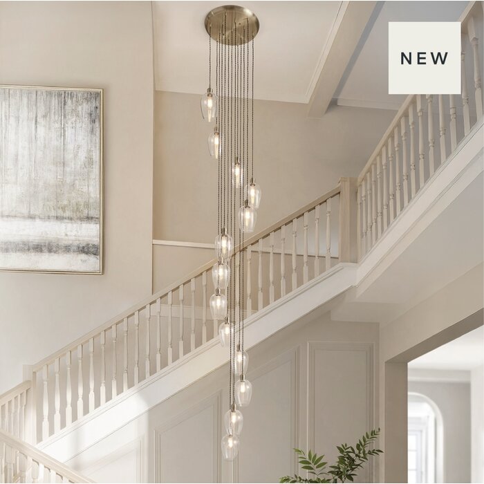 Una - Large Staircase Light - 13 Light Cascading Pendant - Antique Brass