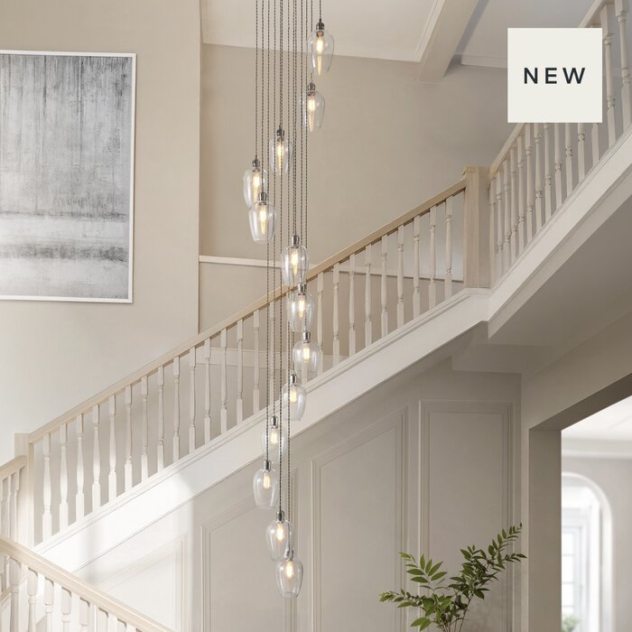 Una - Staircase Chandelier - 13 Light Cascading Pendant - Polished Nickel