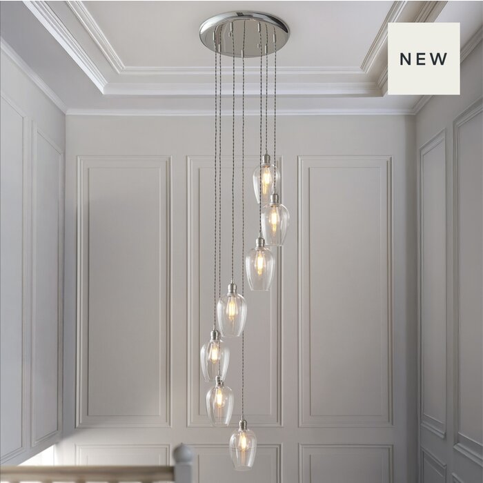 Una - Staircase Chandelier - 7 Light Cascading Pendant - Polished Nickel