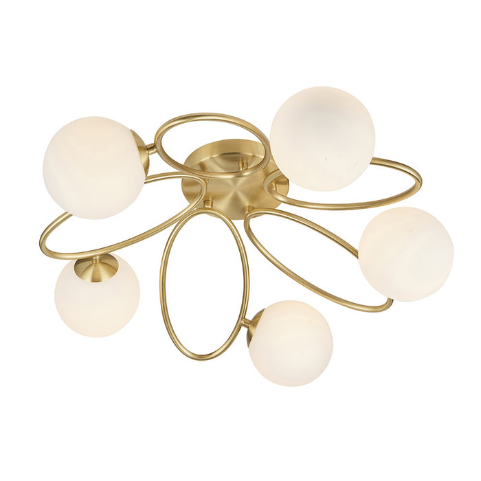 Zoe - Brass Opal Globe 5 Light Mid Century Semi Flush Ceiling Light