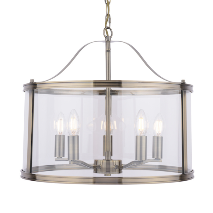 Harrington - 5 Light Antique Brass & Glass Pendant - Laura Ashley