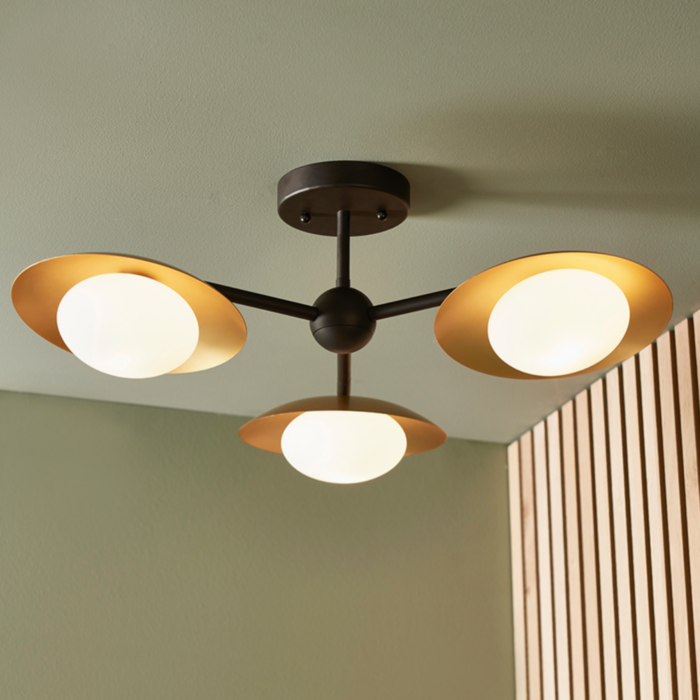 Harwood - Scandi Dish Semi-Flush Light with Opal Globes - Dark Bronze & Gold