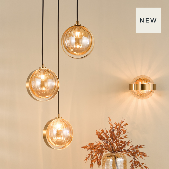 Ophira - Amber Ribbed Glass & Antique Gold Cluster Pendant Light